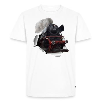 Une locomotive à vapeur brise le papier - T-shirt Premium bio Homme - blanc - Devant - Nico (187cm)