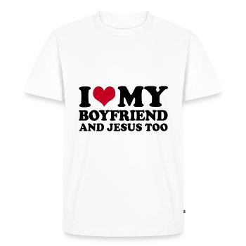 J’aime mon petit ami et Jésus aussi - T-shirt Premium bio Homme - blanc - Devant - Nico (187cm)