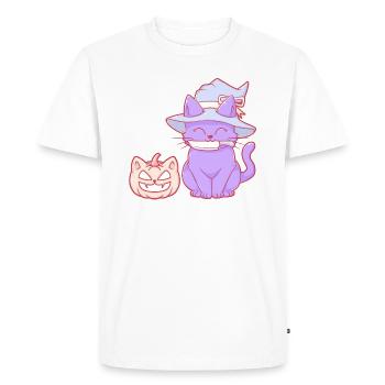 Halloween Cute Witch Cat with Knife and a Pumpkin - Men's Premium Organic T-Shirt - white - Front - Nico (187cm)