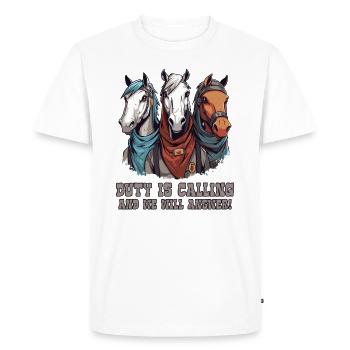The Three Original Horses: Duty Calls - Men's Premium Organic T-Shirt - white - Front - Nico (187cm)