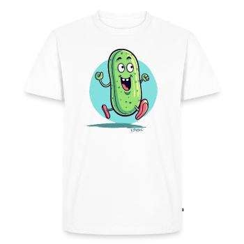Un dessin d’un concombre qui court joyeusement - T-shirt Premium bio Homme - blanc - Devant - Nico (187cm)