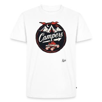 Mascotte de campeur : feux de camp et tentes - T-shirt Premium bio Homme - blanc - Devant - Nico (187cm)