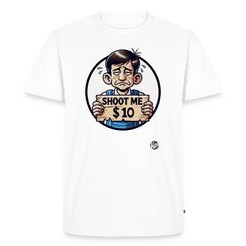 Parodie : en salopette, Shoot Me pour 10 $ - T-shirt Premium bio Homme - blanc - Devant - Nico (187cm)
