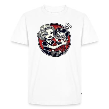 femme rétro prenant soin d’un nerd timide - T-shirt Premium bio Homme - blanc - Devant - Nico (187cm)