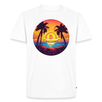 Logo Bitcoin, symbole, lever du soleil, soleil, mer - T-shirt Premium bio Homme - blanc - Devant - Nico (187cm)