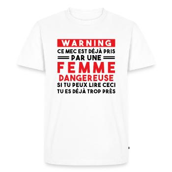 Cadeau Humour couple homme, Femme jalouse danger - T-shirt Premium bio Homme - blanc - Devant - Nico (187cm)