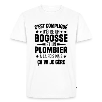 Bogosse et Plombier - Cadeau Humour Plombier - T-shirt Premium bio Homme - blanc - Devant - Nico (187cm)
