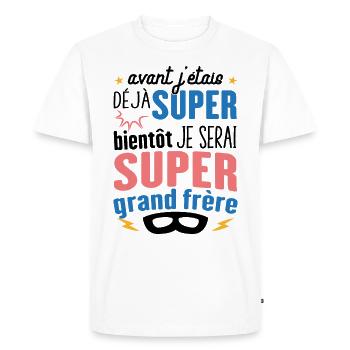 Annonce Grossesse Futur Super Grand Frère Garçon - T-shirt Premium bio Homme - blanc - Devant - Nico (187cm)