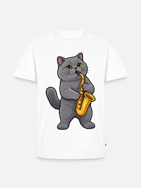 Britisch Kurzhaar mit Saxophon - Männer Premium Bio T-Shirt - Weiß