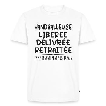 Handballeuse célèbre sa retraite avec humour cadea - T-shirt Premium bio Homme - blanc - Devant - Nico (187cm)
