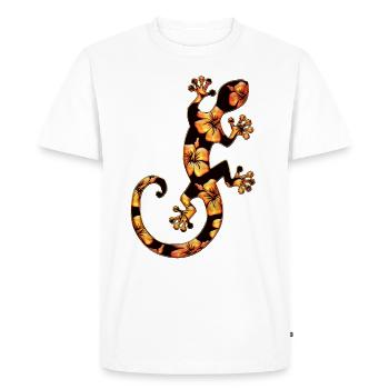 Gecko, hibiscus flower, lucky charms, Ibiza, - Men's Premium Organic T-Shirt - white - Front - Nico (187cm)