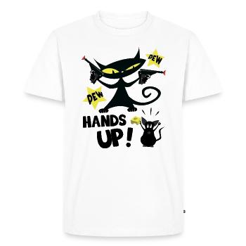Pew Pew Hands Up, Mouse Cat - Funny Cat - Men's Premium Organic T-Shirt - white - Front - Nico (187cm)