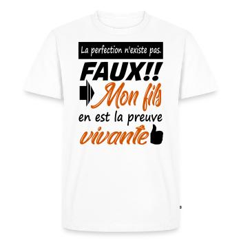 Mon fils la perfection | Humour | Cadeau - T-shirt Premium bio Homme - blanc - Devant - Nico (187cm)