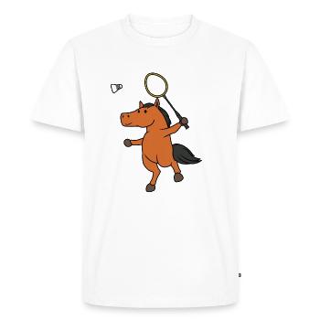 Animal sportif ironique jouant au badminton - T-shirt Premium bio Homme - blanc - Devant - Nico (187cm)