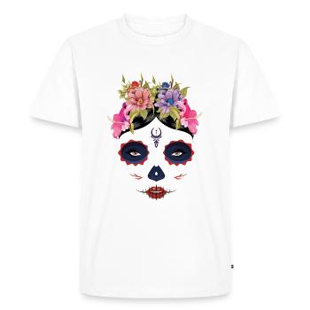 Visage de squelette Muertos floraux Jour de la mort Halloween - T-shirt Premium bio Homme - blanc - Devant - Nico (187cm)