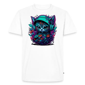 Chat bébé dans la mer de fleurs, en écoutant de la musique - T-shirt Premium bio Homme - blanc - Devant - Nico (187cm)