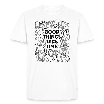 Les bonnes choses prennent du temps – Photographie analogique - T-shirt Premium bio Homme - blanc - Devant - Nico (187cm)