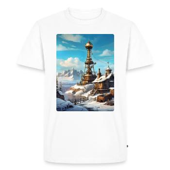 Paysage d’hiver steampunk avec tour radio 1.7 - T-shirt Premium bio Homme - blanc - Devant - Nico (187cm)