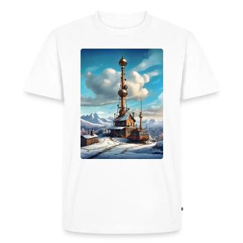 Paysage d’hiver steampunk avec tour radio 1.14 - T-shirt Premium bio Homme - blanc - Devant - Nico (187cm)