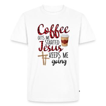 Le café me fait commencer Jésus me garde en chemise - T-shirt Premium bio Homme - blanc - Devant - Nico (187cm)