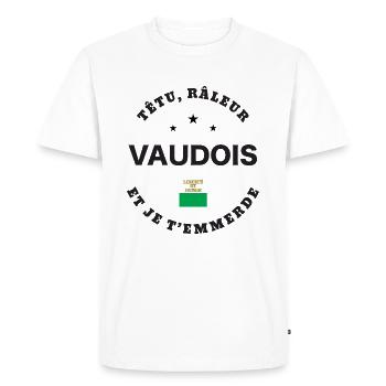Vaudois, têtu, râleur - T-shirt Premium bio Homme - blanc - Devant - Nico (187cm)