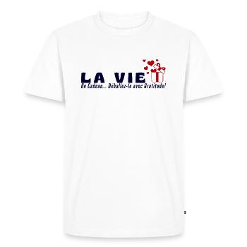 "Life is a gift, unwrap it with gratitude" - Men's Premium Organic T-Shirt - white - Front - Nico (187cm)