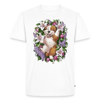 Cool Bobtail in Flower Bed - Men's Premium Organic T-Shirt - white - Front - Nico (187cm)