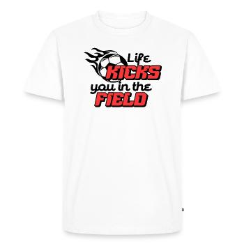 LIFE KICKS YOU IN THE FIELD - Men's Premium Organic T-Shirt - white - Front - Nico (187cm)