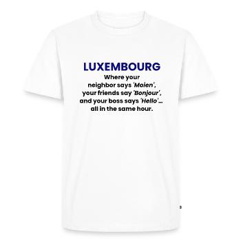 Luxembourg : Moien, Bonjour, Hello en 1 heure - T-shirt Premium bio Homme - blanc - Devant - Nico (187cm)