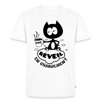 Chat avec café, réveil en chargement ! - T-shirt Premium bio Homme - blanc - Devant - Nico (187cm)
