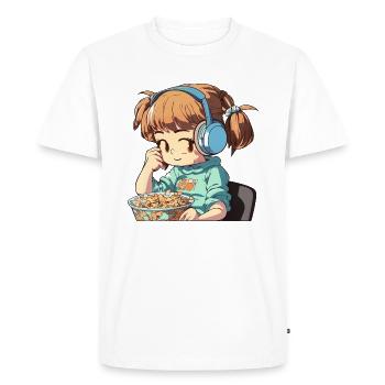 Une fille avec des écouteurs écoute de la musique et mange des céréales - T-shirt Premium bio Homme - blanc - Devant - Nico (187cm)