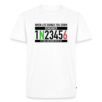 1N23456 Motorcycle Circuit One Down Rest Is Up - Men's Premium Organic T-Shirt - white - Front - Nico (187cm)