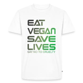 Chemise à slogan végétalien EAT VEGAN SAVE LIVES - T-shirt Premium bio Homme - blanc - Devant - Nico (187cm)