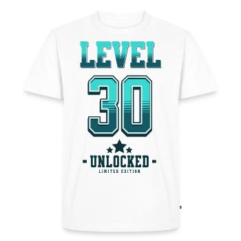 Niveau 30 débloqué – Anniversaire du joueur - T-shirt Premium bio Homme - blanc - Devant - Nico (187cm)