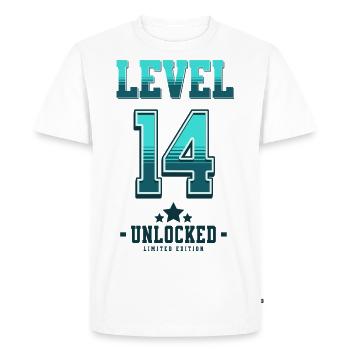 Niveau 14 débloqué – Anniversaire du joueur - T-shirt Premium bio Homme - blanc - Devant - Nico (187cm)