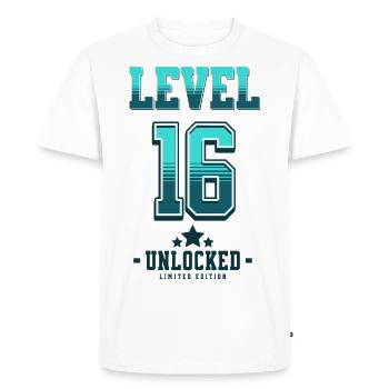 Niveau 16 débloqué – Anniversaire du joueur - T-shirt Premium bio Homme - blanc - Devant - Nico (187cm)