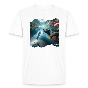 NORVÈGE : berceau de la pêche Salomon - T-shirt Premium bio Homme - blanc - Devant - Nico (187cm)