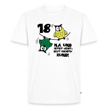 Geburtstag 18, Eulen am Drahtseil, rund - Männer Premium Bio T-Shirt - Weiß - Vorne - Nico (187cm)