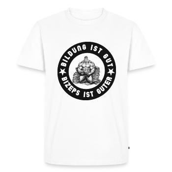 Education is good, biceps are good in color: black - Men's Premium Organic T-Shirt - white - Front - Nico (187cm)