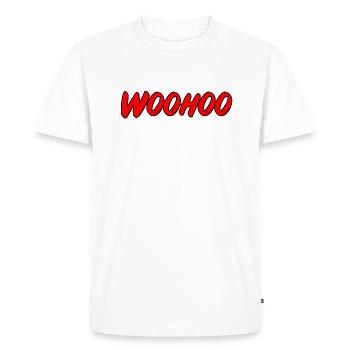 Woohoo - Red pop art lettering - Men's Premium Organic T-Shirt - white - Front - Nico (187cm)