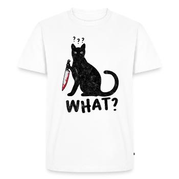 Cat What? Funny Black Cat With knife, Halloween - Men's Premium Organic T-Shirt - white - Front - Nico (187cm)