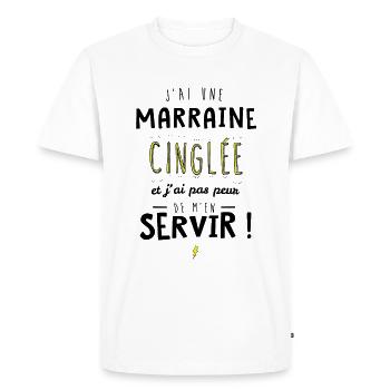 J'ai une marraine cinglée et je peux m'en servir - T-shirt Premium bio Homme - blanc - Devant - Nico (187cm)