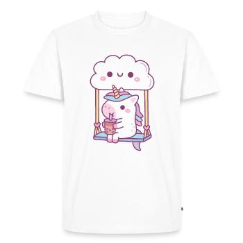 Cute Unicorn Drinking Boba Tea On Cloud Swing - Men's Premium Organic T-Shirt - white - Front - Nico (187cm)