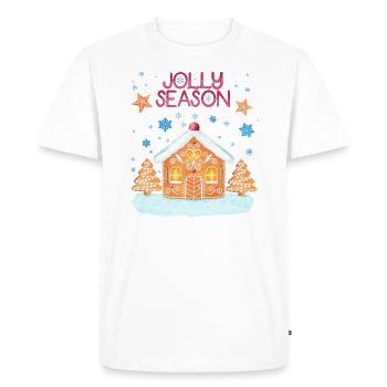 Maison en pain d’épices dans la neige: Joyeux Noël - T-shirt Premium bio Homme - blanc - Devant - Nico (187cm)