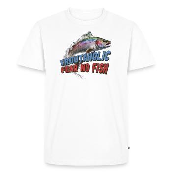 Pêche, Truite, Saumon, Pêcheur, Pêcheur, Perche - T-shirt Premium bio Homme - blanc - Devant - Nico (187cm)