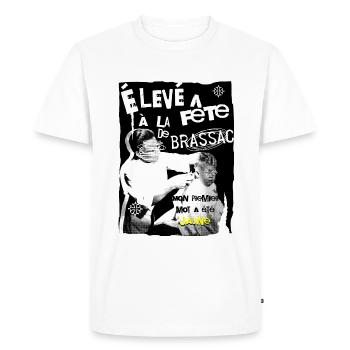 ÉLEVÉ À LA FÊTE DE BRASSAC, MON PREMIER MOT A ÉTÉ - T-shirt Premium bio Homme - blanc - Devant - Nico (187cm)