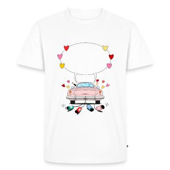 Voiture de mariage avec bulle de dialogue en rose - T-shirt Premium bio Homme - blanc - Devant - Nico (187cm)