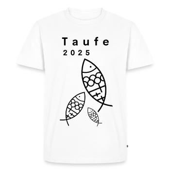 Baptême 2025 3 Poissons Croix Minimaliste - T-shirt Premium bio Homme - blanc - Devant - Nico (187cm)