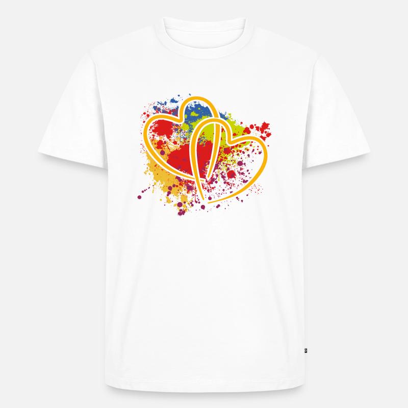 zwei verschlungene Herzen auf Farbklecksen - Männer Premium Bio T-Shirt - Weiß