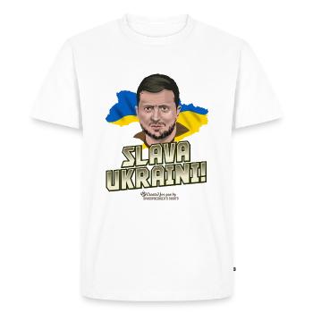 Portrait de Zelensky et slogan Gloire de l’Ukraine - T-shirt Premium bio Homme - blanc - Devant - Nico (187cm)